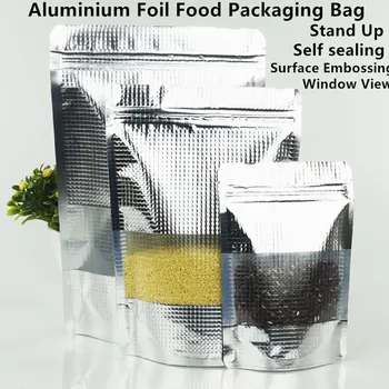 100шт серебристых мешков на молнии из алюминиевой фольги с тиснением на поверхности окна Пластиковый пакет на молнии для упаковки пищевых продуктов