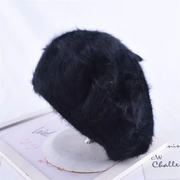 1шт Женская элегантная многоцветная шапка-берет с кроличьим мехом Lapin от художника, теплая зимняя шапка, простой берет в стиле ретро, сплошной цвет