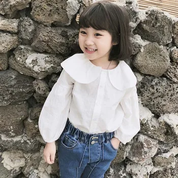 2019 Весенне-осенняя блузка для маленьких девочек, белые школьные рубашки с длинными рукавами для девочек, хлопковые детские топы от 3 до 11 лет RT576