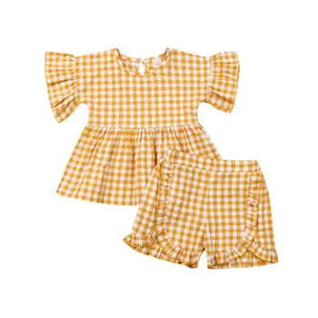 2019 г. Одежда для маленьких девочек с оборками, клетчатая футболка с коротким рукавом, Топы + шорты, Летний комплект одежды