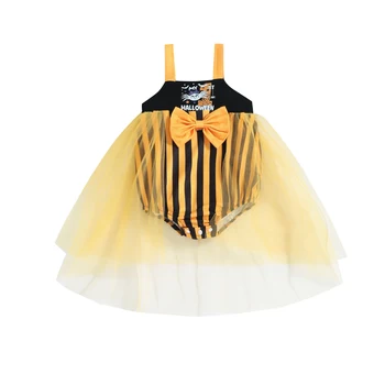 2022 0-18 м Тюлевый комбинезон для новорожденных девочек на Хэллоуин с буквенным принтом в полоску, без рукавов, с бантом, квадратный воротник, комбинезон, костюм