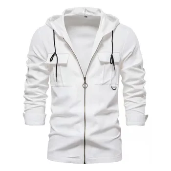 2022 Мужская весенне-летняя рубашка с капюшоном, повседневное однотонное пальто с длинным рукавом, Модные хлопчатобумажные рубашки на молнии, мужская блузка, одежда