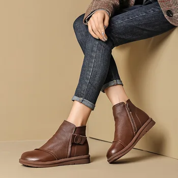 2022 Повседневные женские ботильоны из мягкой кожи на молнии, короткие ботинки с круглым носком, обувь в стиле ретро для мам, подарки, высококачественная зимняя обувь