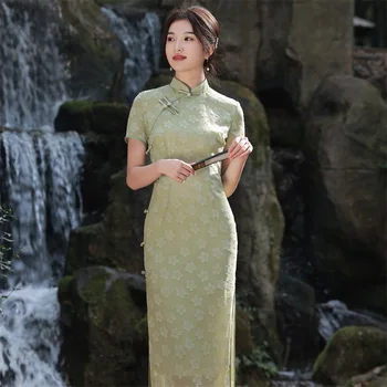 2023 Летнее Зеленое Длинное Восточное платье Cheongsam Hanfu Винтажное Элегантное Тонкое Вечернее платье Qipao в традиционном китайском стиле для женщин