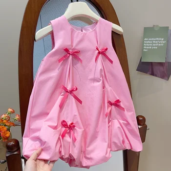 2023 Летнее Корейское платье без рукавов для девочек, хлопковая внутренняя юбка с бантом, Детский Розовый цвет От 1 до 7 лет, платья с круглым вырезом