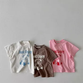 2023 Летние Новые детские футболки с принтом милого Мультяшного Медведя Хлопчатобумажная футболка с коротким рукавом для маленьких мальчиков Футболка для маленьких девочек Детская одежда
