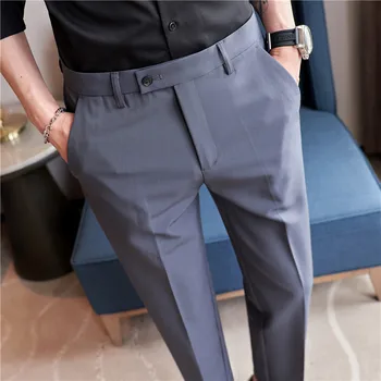 2023 Летние однотонные мужские брюки для костюма, приталенные повседневные деловые брюки, уличные брюки для светских вечеринок, мужская одежда