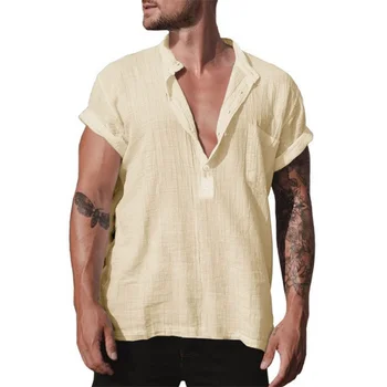 2023 Летняя хлопковая льняная Свободная повседневная рубашка для мужчин, одежда, Однотонные дышащие мужские рубашки, рубашка Хенли, Пляжные топы с коротким рукавом.