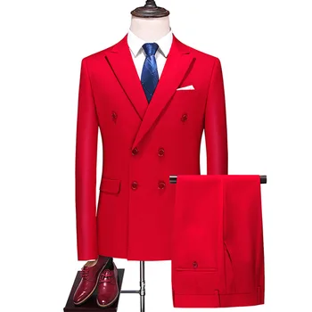 2023 Модный новый мужской деловой двубортный однотонный костюм, пальто / мужской приталенный свадебный Комплект из 2 предметов, блейзеры, куртка, брюки, Брюки