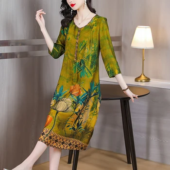 2023 Новое шелковое платье с короткими рукавами в стиле ретро с цветочным принтом Летнее шелковое платье Благородное и модное женское платье