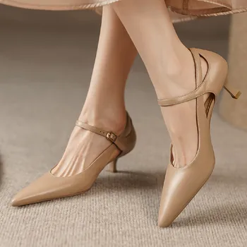 2023 Новые женские туфли-лодочки из коровьей кожи на тонком высоком каблуке с острым носком без застежки, элегантные женские тонкие туфли на тонком каблуке для женщин
