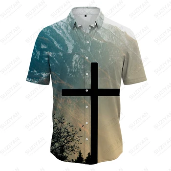 2023 Новые рубашки с 3D-печатью с христианским крестом, Летняя мужская уличная ретро Свободная рубашка, рубашка на пуговицах большого размера, одежда