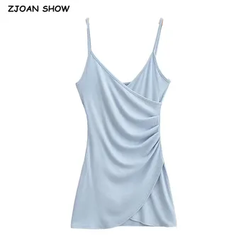 2023 Сексуальное Мини-платье-слинг с перекрестным V-образным вырезом, плиссированное, с разрезом на талии, женское эластичное вечернее платье без рукавов