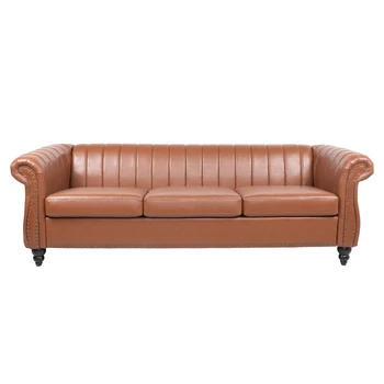 3-местный диван для гостиной с подлокотниками из искусственной кожи Chesterfield Sofa 177x61x53CM Простой сборки Коричневый [В наличии в США]