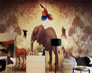 3D обои Beibehang, Европейский Ретро Абстрактный Лес, Мультфильм, ручная роспись, Слон, Попугай, Фоновые обои для стен, 3D