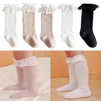 5 пар /лот, осенне-зимние носки для новорожденных, хлопковые однотонные кружевные чулки средней длины с вышивкой, вещи для маленьких девочек