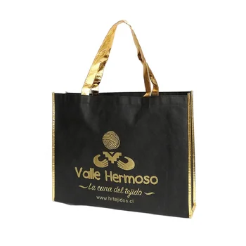 500 шт./лот, Черные нетканые хозяйственные сумки с золотыми ручками и бордюрами, экологичная тканевая сумка-тоут с логотипом на заказ для продвижения