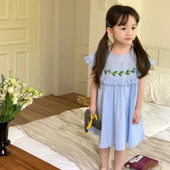 5764C Корейское детское платье 2023, летнее новое платье принцессы с вышивкой для девочек, детское платье от 2 до 7 лет