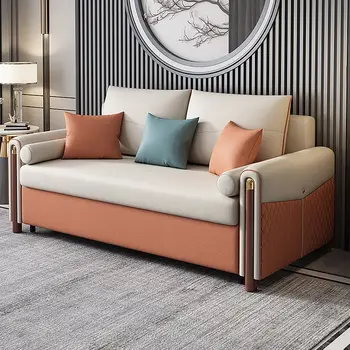 59-дюймовый бело-оранжевый диван-кровать-трансформер с кожаной обивкой