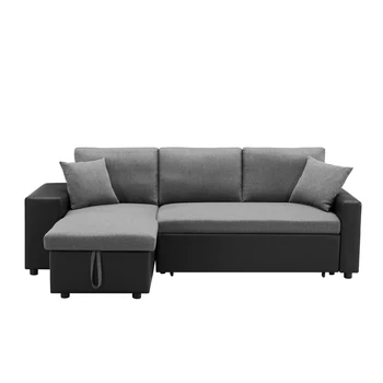 92,5 “Льняной секционный диван с реверсивным спальным местом с местом для хранения вещей и 2 табуретками стального серого цвета