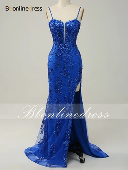 Bbonlinedress Голубые вечерние платья Русалки 2023, выпускное платье на бретельках и без спинки для чернокожих девушек, сексуальное вечернее платье с высоким разрезом