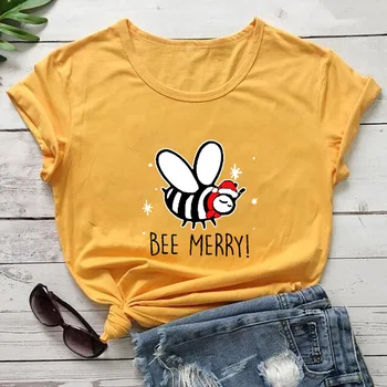 Bee Merry Funny Bee Christmas, 100%Хлопок, Цветная Женская Футболка с принтом, Зимняя Забавная Повседневная Футболка С Круглым Вырезом И Коротким Рукавом, Подарок На Новый Год