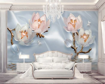 beibehang papel de paredeBeautiful 3D silk lotus water wave behang reflection обои для телевизора обои для домашнего декора