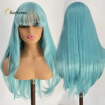 Charisma Синтетический парик с кружевами спереди Парик парики для женщин из натуральных прямых волос Кружевной парик с челкой Термостойкие синие парики Блондинки