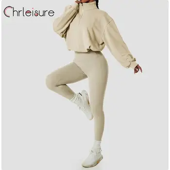CHRLEISURE Женский комплект для йоги с высоким воротом, для фитнеса, на молнии, Свободный пуловер с длинными рукавами, толстовка, однотонный бюстгальтер, Спортивные леггинсы Пуш-ап, Комплект для йоги