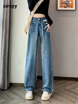Circyy Jeans Женские джинсовые брюки с высокой талией, модные Корейские брюки с широкими штанинами, уличная одежда 2023, темно-синие джинсы свободного кроя, дизайнерские джинсы-швабры