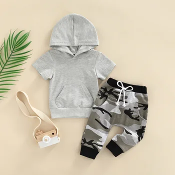 Citgeett Летние штаны для новорожденных мальчиков для малышей, толстовка с капюшоном с короткими рукавами и карманом + брюки с камуфляжным рисунком, комплект одежды