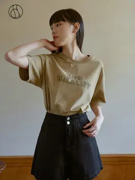 DUSHU 100% Хлопок Женские футболки с буквенным принтом, круглый вырез, ниспадающий рукав, женские тройники, простые прямые женские летние топы с коротким рукавом