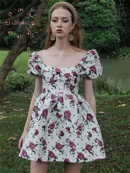 Easysmall Forlove Винтажное приталенное платье с квадратным вырезом и рукавом-пузырем, платье с принтом розы, длинное платье, бандажное платье для сексуальной клубной вечеринки, Бэклз