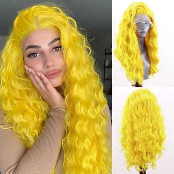 FANXITION Желтый парик Длинная волна воды Синтетический парик с волнистыми кружевами спереди Парик для женщин из тепловолокнистых волос Косплей Костюм Парик для вечеринки