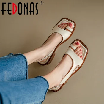 FEDONAS, Женские босоножки с лаконичным дизайном в стиле ретро, Летний ремешок сзади из натуральной кожи, Низкие каблуки, Удобная повседневная рабочая обувь для женщин