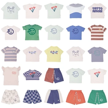 Kid Sets23 Летняя Новая Детская футболка Wyn С короткими рукавами, Хлопковый топ для детского сада, Повседневная футболка для мальчиков и девочек, Шорты