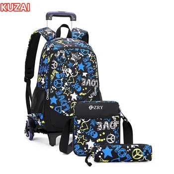 KUZAI съемная тележка, школьный рюкзак, комплект для мальчика на колесиках, школьные сумки на колесиках для мальчиков, сумка для книг, рюкзак на колесиках для подъема по лестнице