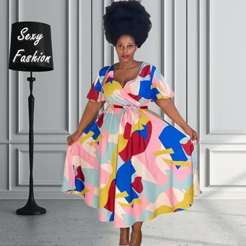 L-4XL, Африканские повседневные платья больших размеров для женщин, одежда 2023, весна-лето, красочный принт, бандаж с коротким рукавом, длинное платье