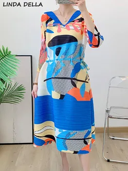 LINDA DELLA, летнее модное подиумное винтажное плиссированное платье большого размера, женское платье с V-образным вырезом, рукав 3/4, бант, Свободная талия, Повседневное платье Миди с принтом