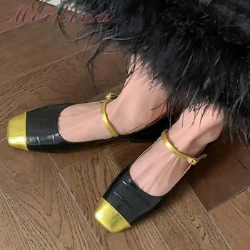 Meotina/ Женские туфли на плоской подошве из натуральной кожи с квадратным носком и пряжкой, разноцветная женская модная повседневная обувь, осень-весна, черный, белый, 40 см