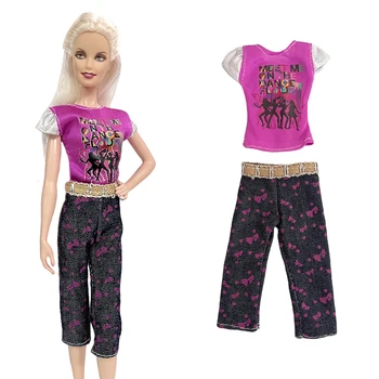 NK 1 шт. Модный наряд Фиолетовая рубашка Рубашка с милым рисунком Джинсовые брюки Одежда для куклы Барби Девочка Кукольный домик Аксессуары для игрушек