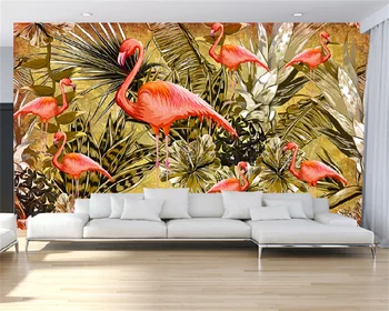 Papel de parede Скандинавский ностальгический диван в гостиной с фламинго на заднем плане, декоративная роспись стен, фотообои на заказ, обои