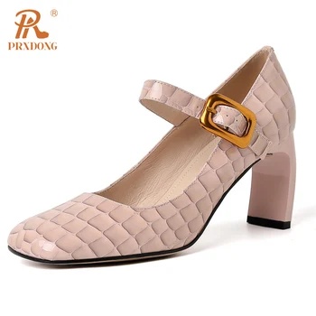 PRXDONG/ Элегантные Женские туфли из натуральной кожи на высоком каблуке с круглым носком, Черное Розовое платье в стиле ретро, Свадебные Женские туфли-лодочки, Размер 34-39