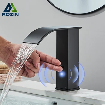 Rozin Black Умный сенсорный смеситель для раковины в ванной, Бесконтактный Автоматический смеситель для умывания с водопадом, кран для умывальника с горячей и холодной водой