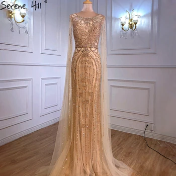 Serene Hill Gold Mermaid Роскошные Вечерние платья 2023 С рукавами-накидками, расшитыми бисером и бриллиантами Для женской вечеринки LA70868