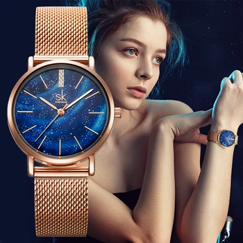 SHENGKE, лидирующий бренд, Оригинальные ультратонкие кварцевые наручные часы из сетчатой стали, водонепроницаемые роскошные женские часы с циферблатом синего звездного неба