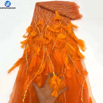 Sinya Роскошная Африканская кружевная ткань из 3D-перьев, Высококачественная вышивка бисером, Нигерийский Французский тюль, сетка, Свадебное платье, кружево