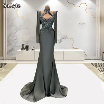 SoAyle Серое вечернее платье Русалки с бусинами на шее, вечернее платье для выпускного вечера, свадебное платье с длинным рукавом из Саудовской Аравии, большие размеры