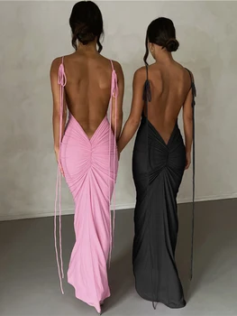 TEMUSCOLA, сексуальное длинное платье с открытой спиной для женщин 2023, летнее облегающее платье Макси с рюшами на бретельках, однотонное элегантное праздничное платье Vestidos