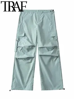 TRAF Thin Woman, Однотонные Свободные брюки-карго с завязками, Боковые карманы, Широкие брюки, женские брюки с высокой талией, Одежда 2023 Лето Y2K